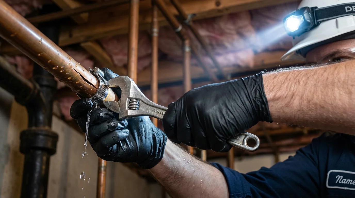 Emergency pipe clamp repair being performed by a Johns Plumbing LLC plumber in Sikeston