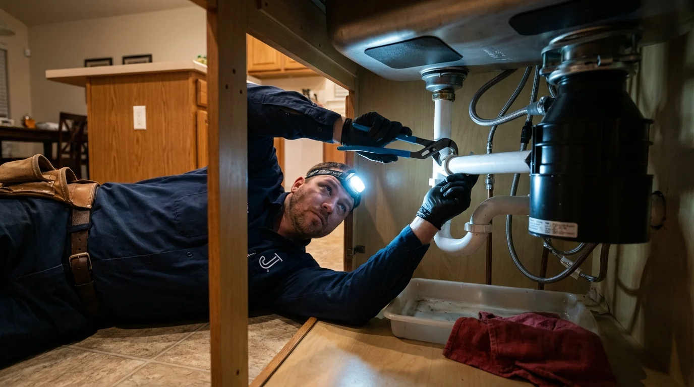 P-trap and supply line connections under a kitchen sink showing a common leak point in Sikeston, MO